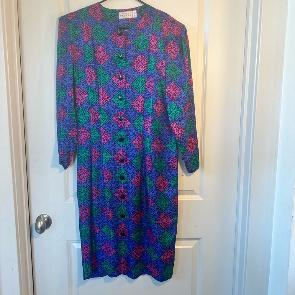 Vintage Adrianna Papel Silk Vibrant Colors Button Up Dress, size 14